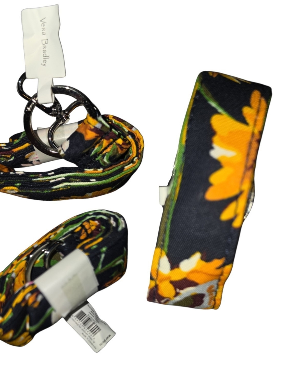 Vera Bradley Black Fabric Key Or Badge Lanyard with Yellow Sunflowers. NWT